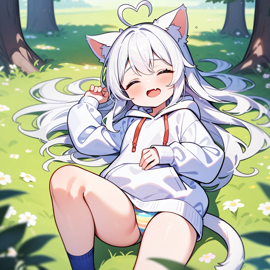 （masterpiece：1.2，high quality），8K，High resolution，A -year-girl，e girl，white hair，long hair，Sleeping，heart ahoge，cat ears，laughing，skin fang，saliva，Wear a white hoodie，no shorts，Rainbow patterned panties，Lying in the forest，There are flowering trees on both sides，primary schoBlue socks，cat tail，alone，（Put your hands in your pockets）