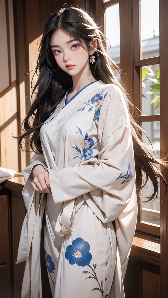 2 people required。First, a stunning beauty who is half French and half Japanese.、Anyway, her face is beautiful、Beautiful blue eye color、She has beautiful long straight hair that is light blonde in color.。Please wear a white floral dress.。already1The man has black hair and long bangs.。The man's clothesTPlease make it look like a shirt and denim.。The composition of the two people is a close-up image showing only the upper body and above the chest.、The beauty is on the right、Two men are standing side by side on the left、Please depict them looking at each other and laughing happily.。