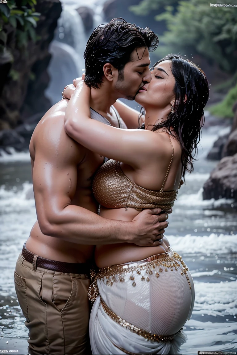 HD wallpaper 32k cinematic shoot of a Beautiful cute wet Pooja Hegde, with thick thighs and a curvy chubby waist, wearing a beautiful Indian dress, ((lowwaist)), ((kissing by a man)), ((kiss)), ((wet girl)), ((sweaty girl)), ((kissing a man)), ((kiss))