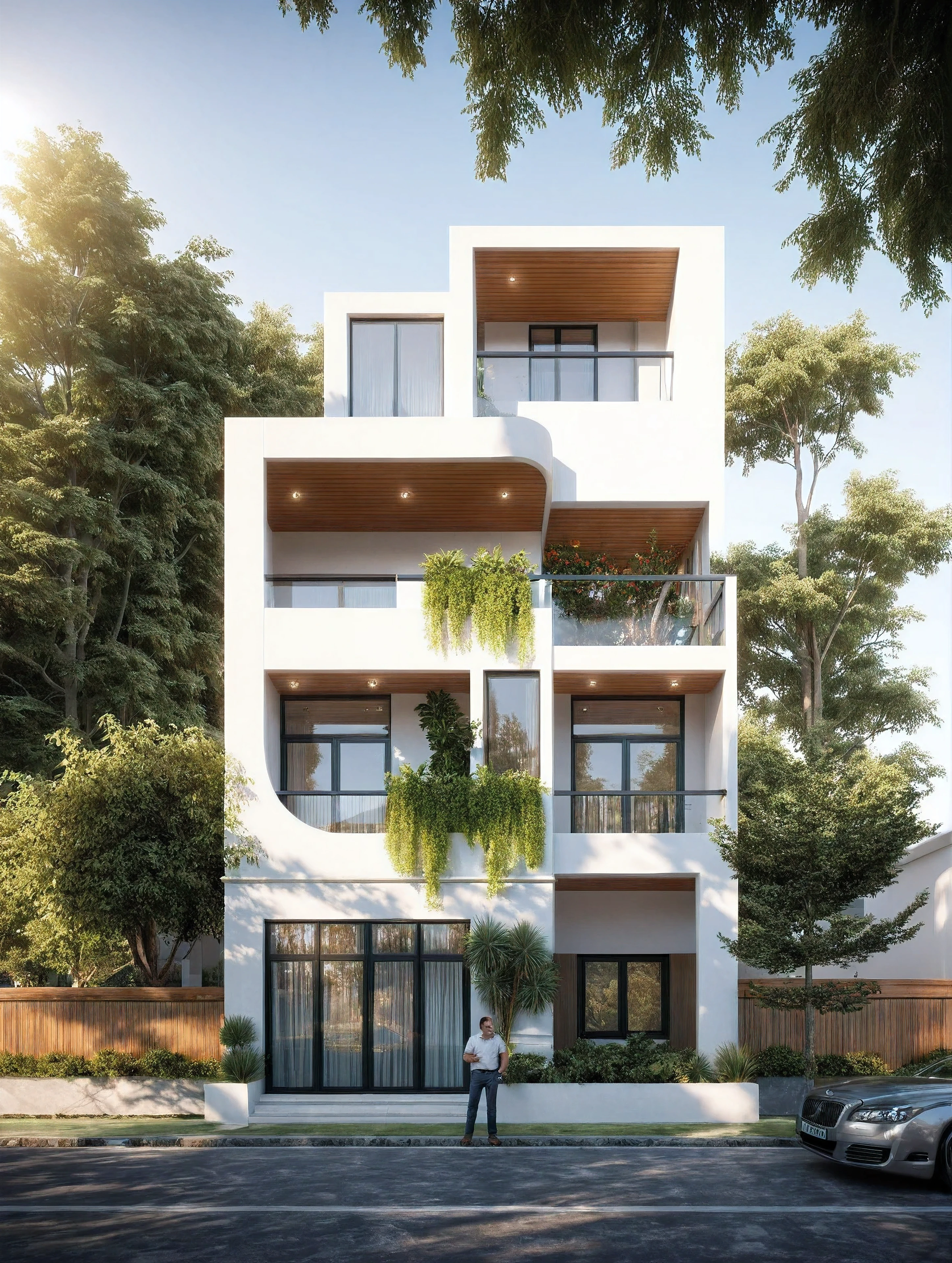 modern villa, modern style, exterior design, perspective view, white wall, (block sidewalks and asphalt roads), (next door neighbor's house), (sun light sky background), Low trees around the house, overall peaceful atmosphere cinematic photo, (Neutral lighting is suitable for the modern villa, light color thermometer sun light 5500 KEVIN), (architectural design visualization), (reflection), (focus on object), (material normal bump real reflection), (scattered light), (light ray), (multi-beam light), (sunbeam) (multi-level reflection), (chao vantge software visualization render),(((Best Quality))), ((Masterpiece)), ((best illustration)), ((best shadows)), ((Super Detail)), (Intricate lines), (Photorealism),(hyper detail), ((archdaily)), ((award winning design)), (dynamic light), ((day)), (perfect light), (shimering light), ((photorealistic)), ((intricate detail)), ((extreme detail)), ((science)), ((hyper-detail)), ((super detail)), ((super reality)), ((crazy detail)), ((octane render)), ((Cinematic)), ((trending on artstation)), ((High-fidelity)), ((Viwvid)), ((Crisp)), ((Bright)), ((Stunning)), ((Eye-catching)), ((High-quality)),((Sharp))((Bright)), ((Stunning)), Natural, ((Eye-catching)), ((Illuminating)), ((Flawless)), ((High-quality)),((Sharp edge render)), ((medium soft lighting)), ((photographic render)), ((detailed archviz)), Sunlight shines into the house, reality environment, spring setting, tropical style space, Aluminum gates, balcony doors, modern townhouse design windows
