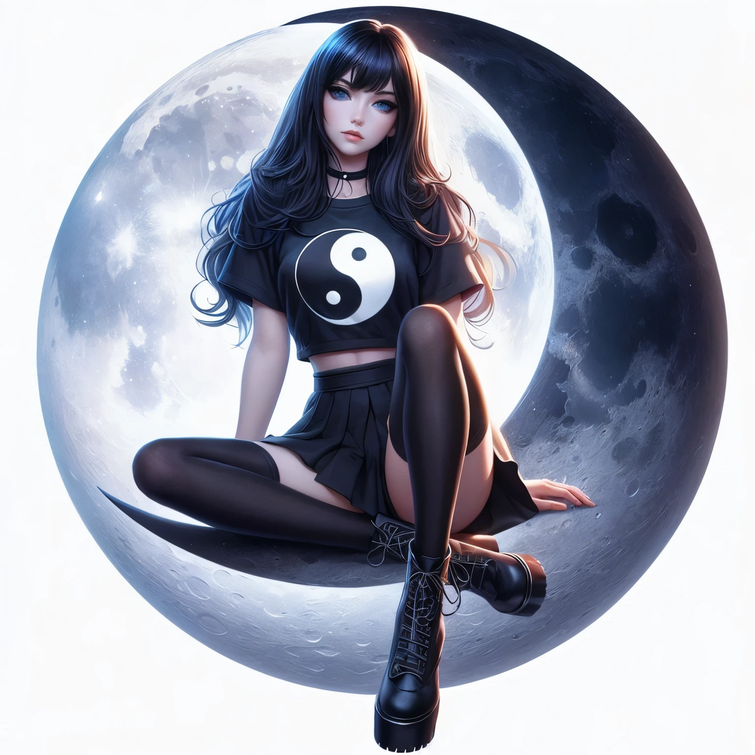 VISUAL STYLE: Detailed, GENRE: Masterpiece, ITEM(S): Very Beautiful Girl, TIME PERIOD: N/A, COLOR: White, ASPECT RATIO: 9:16, FORMAT: Digital, FRAME SIZE: Ultra High Resolution, LENS SIZE: N/A, COMPOSITION: Sitting in the lotus position, hands pointing to the sides, LIGHTING: Dim, LIGHTING TYPE: Membranous, TIME OF DAY: Night, ENVIRONMENT: Exterior, LOCATION TYPE: Starry Sky, SET: N/A, CAMERA: N/A, LENS: N/A, FILM/RESOLUTION: Ultra High Resolution, TAGS: Detailed Anatomy, Flawless Anatomy, White Socks, Short Socks, Tattoo, Mantra Reading, Big Fluffy Hare, Red Moon, Detailed Eyes, Eyes of Different Colors, Detailed Face, Nude, NSFW, Halo Around Head, Bare Shoulders.