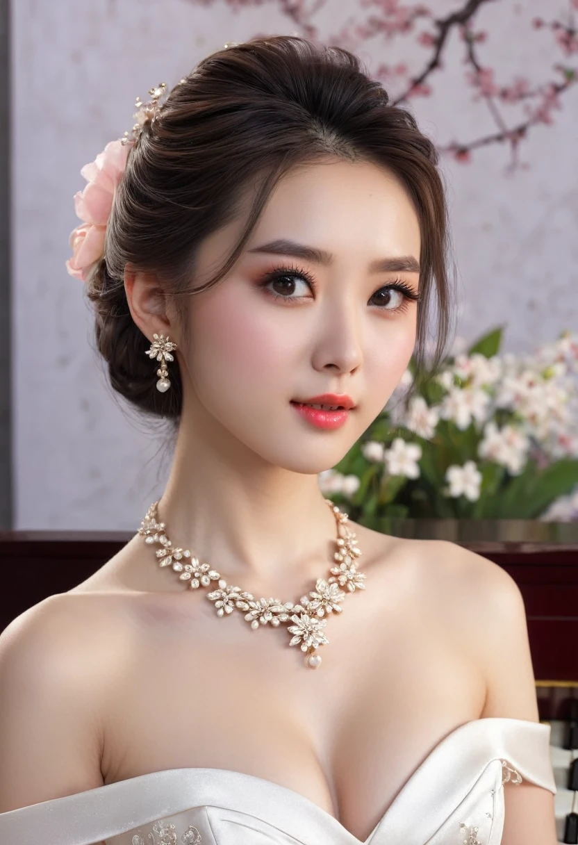 best quality， Ultra-high resolution， （Realistically：1.4），Cute hairpin，Baoyu Girl，Standing in the wedding hall，（flat chest：1.2） ，A pair of clear and charming peach blossom eyes,Royal sisters，Sunshine on the face，Big wavy hairstyle，（necklace：1.2），（White skin：1.4），a sense of atmosphere，A beautiful girl，Look directly at the audience， Cleavage close-up ，(lifelike:1.4),1 girl,Sexy,(Upper Body:1.4),(wet),(:1.2)，Piano background
