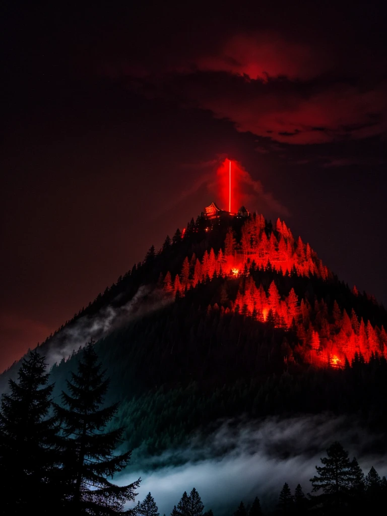 Large mountain, dark castle, hurricane at top, red lighting, lightening, red glow at peak mountain, forest, trees, temple