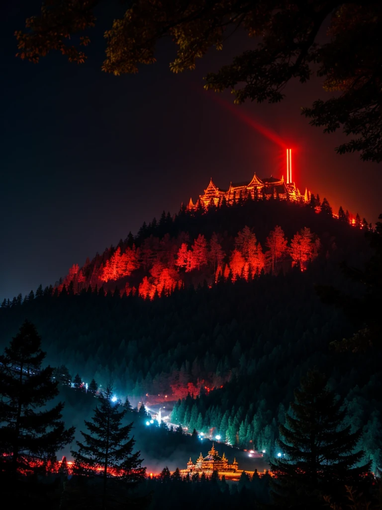 Large mountain, dark castle, hurricane at top, red lighting, lightening, red glow at peak mountain, forest, trees, temple