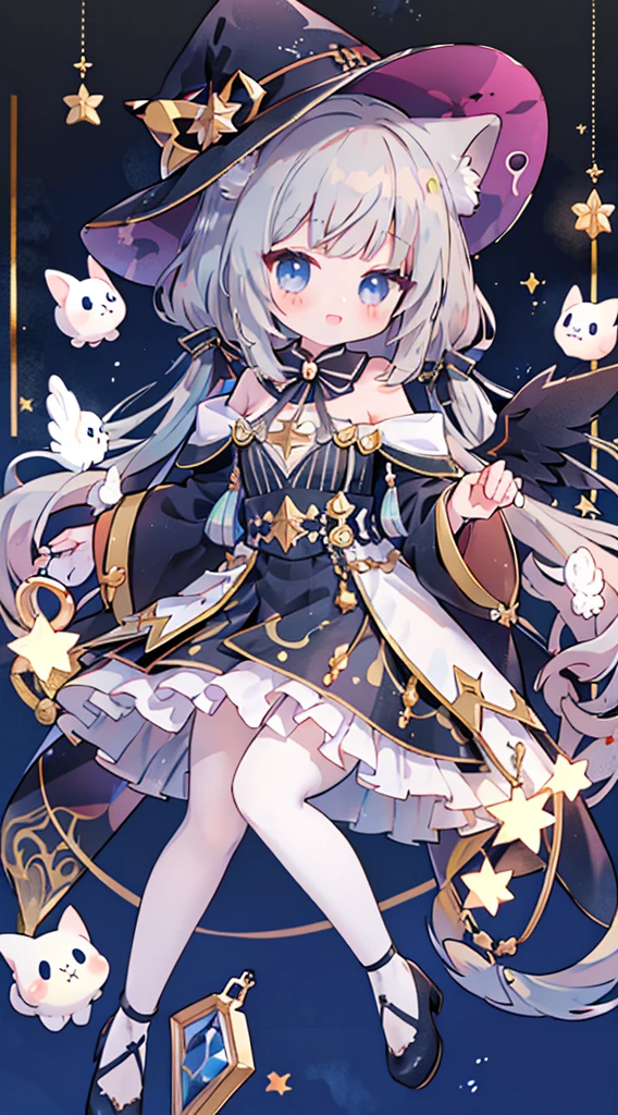 female、Mibapsa Costume,angel hall,Wizard, light blue eyes、Wear Mary Jane shoes,The shoes have a pair of small wings., bijouterie,Pose for a photo.,long hair、twintail hair,canine,shy,blush,Hot,Halloween,shooting star background、masterpiece、Best image quality、top quality、Witch Suit、witch hat、超long hair,fox ears,gray hair,(Black pantyhose),blue eyes、exquisite eyes、Beautiful girl、Chubby cheeks、Cute dress、puffy sleeves、Ruffled skirt、pink ribbon、cute、change、black leg ring,off shoulder strap changeta,