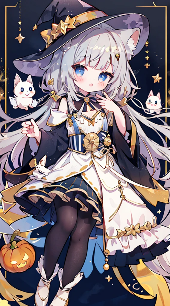 female、Mibapsa Costume,angel hall,Wizard, light blue eyes、Wear Mary Jane shoes,The shoes have a pair of small wings., bijouterie,Pose for a photo.,long hair、twintail hair,canine,shy,blush,Hot,Halloween,shooting star background、masterpiece、Best image quality、top quality、Witch Suit、witch hat、超long hair,fox ears,gray hair,(Black pantyhose),blue eyes、exquisite eyes、Beautiful girl、Chubby cheeks、Cute dress、puffy sleeves、Ruffled skirt、pink ribbon、cute、change、black leg ring,off shoulder strap changeta,