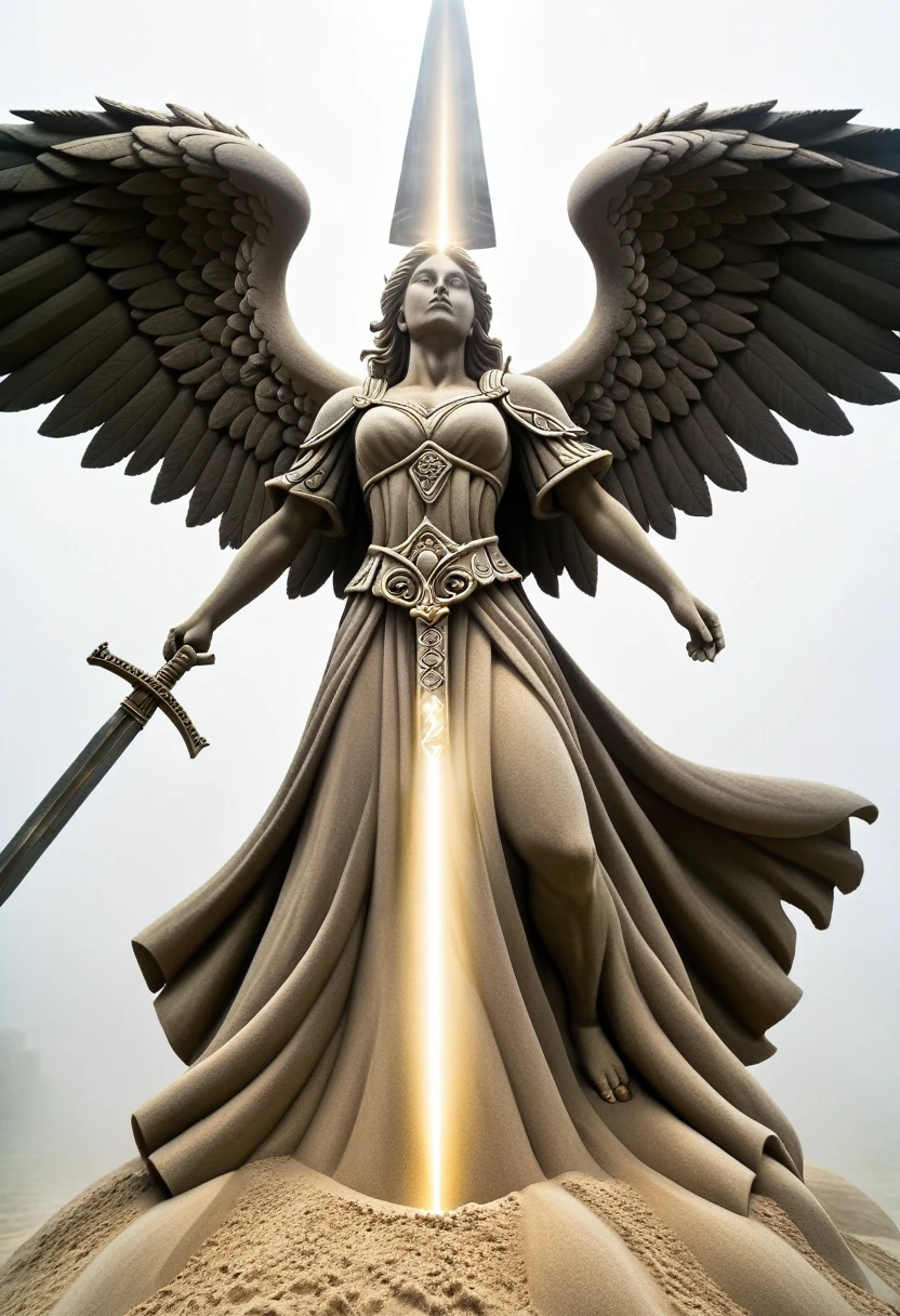 Sand sculpture style,  Four-winged angel holding a sword of light，Guarding in the cloud，Solemn and sacred，Existence beyond the mortal world，Strong sense of déjà vu。