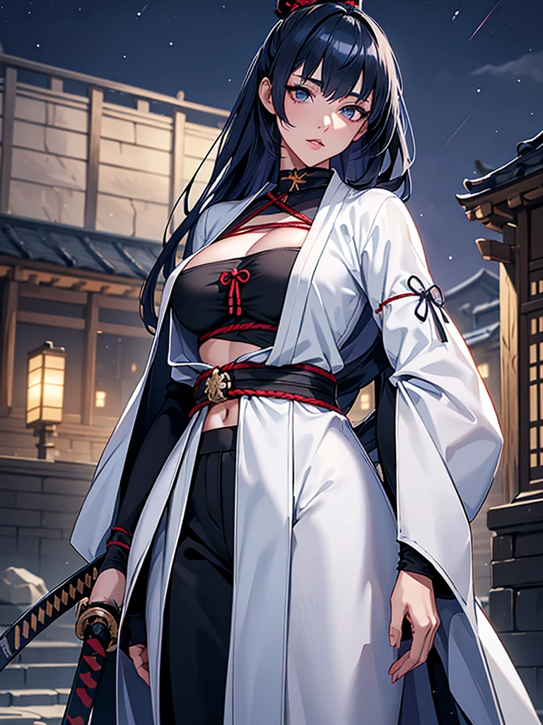 a female samurai, beautiful detailed eyes, beautiful detailed lips, extremely detailed face, long eyelashes, (katana swords behind hips:1.2),hyper realistic lighting,(super detailed:1.3),((best quality:1.2)),((masterpiece:1.2)),female focus,lonely beauty,detailed face,detailed lips,(nighttime:1.6),(standing in a medieval europe castletown),(eclipse),cowboy shot,cleavage,((shibari across bare breasts:1.125)),topknot,muted dark blue hair,white samurai coat,black samurai (pants):1.1,asymmetrical sleeves