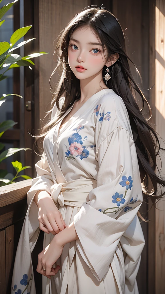 Please write two people。First, a stunning beauty who is half French and half Japanese.、Anyway, her face is beautiful、Beautiful blue eye color、She has beautiful long straight hair that is light blonde in color.。Please wear a white floral dress.。already1The man has black hair and long bangs.。The man's clothesTPlease make it look like a shirt and denim.。The composition of the two people is a close-up image showing only the upper body and above the chest.、The beauty is on the right、Two men are standing side by side on the left、Please depict them looking at each other and laughing happily.。