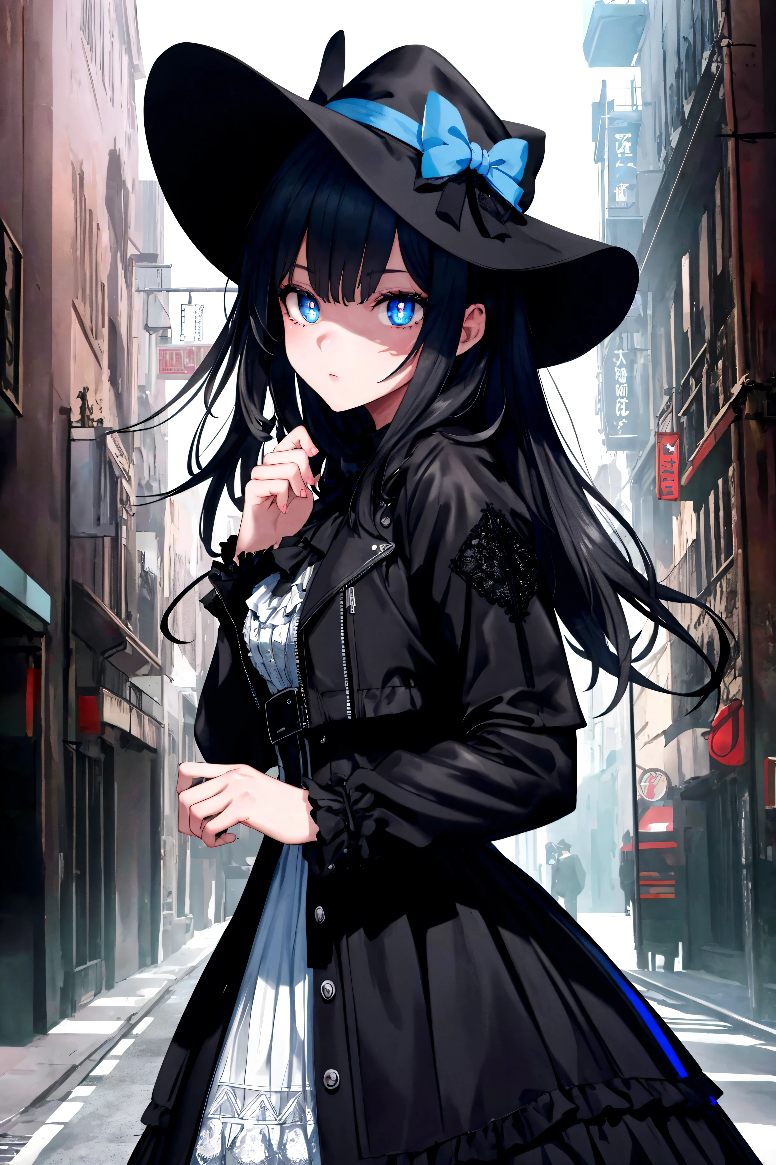 (black riders jacket:1.1), (masterpiece, best quality, pretty girl, beautiful face, 8k, raw photo, photorealistic, absurdres:1.2), s, cowboy shot, dutch angle, facelight, film grain, chromatic aberration, highres, ultra detailed, finely detail, light blue frilled lace dress, detailed skin and eyes and face, sharp pupils, realistic pupils, sharp focus, street