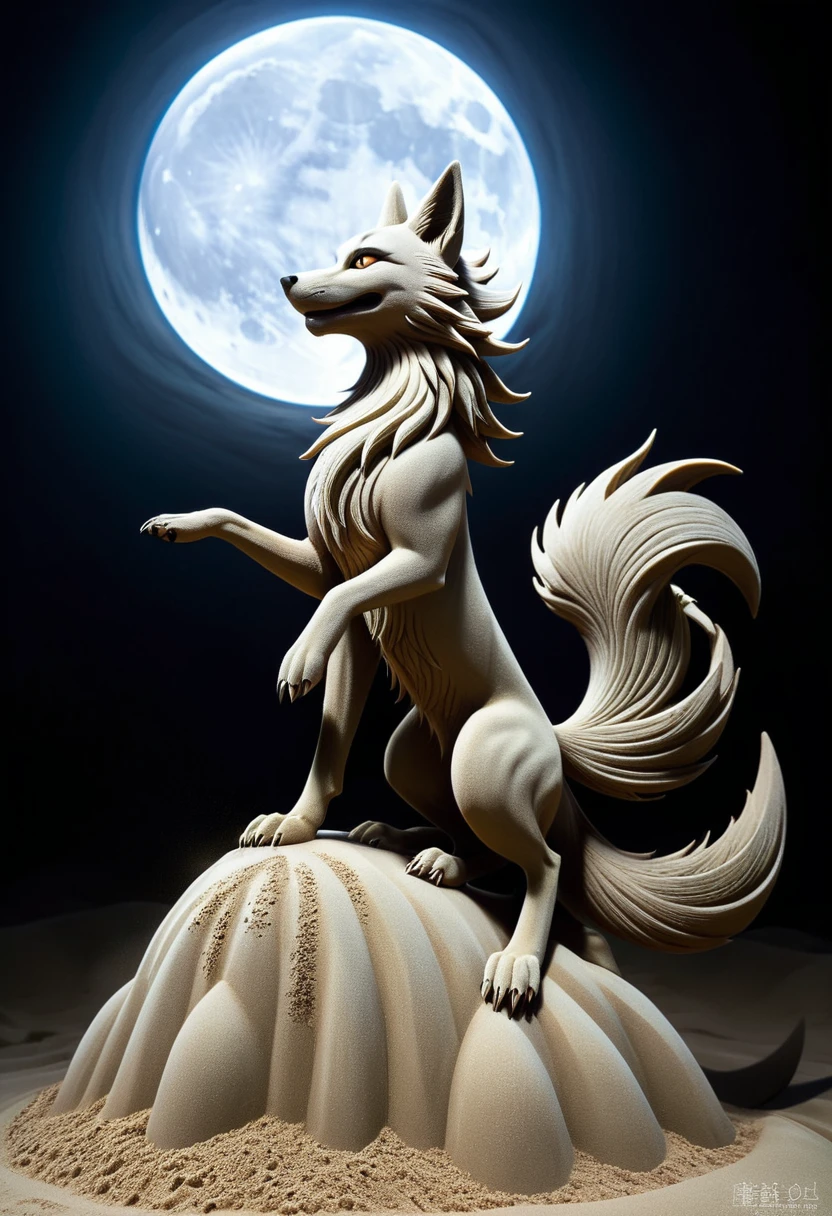 Sand sculpture style, The ten-tailed fox demon sways its gorgeous tail,Walk in the moonlight,The charm is endless,Confusing the minds of all beings,Strong sense of déjà vu。