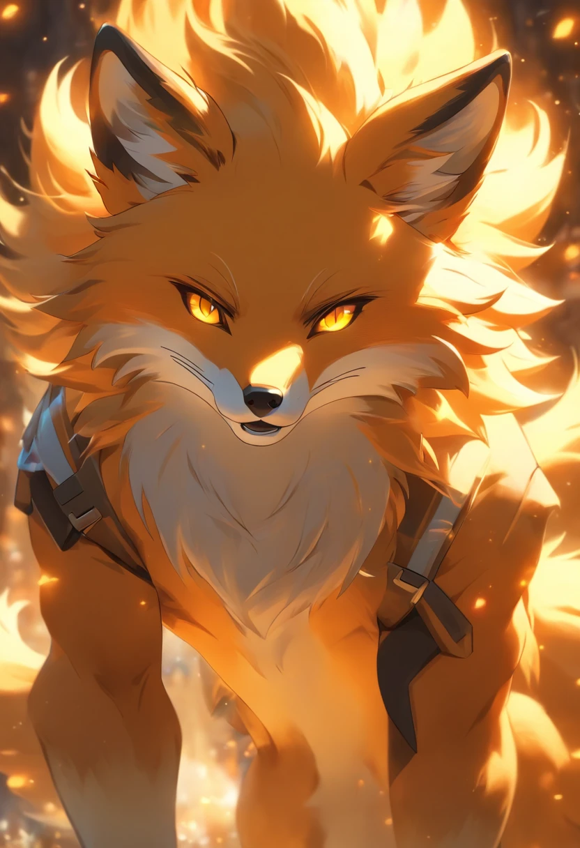 4K, high resolution, Best quality, Masterpiece, perfect colors, perfectly shaded, Perfect lighting, posted on e621, (by Chunie), Furry, anthro, Furry art, ((Portrait)), anthro male fox,, Two-tone leather,(Lunette de soleil),hairy bodies, Yellow eyes, perfect male figure,Wear men's shorts,,Detailed fur, Detailed face, Perfect face, (The stands up), Detailed background, ((Bonifasko lighting)), coda, (Detailed eyes), perfect pupils