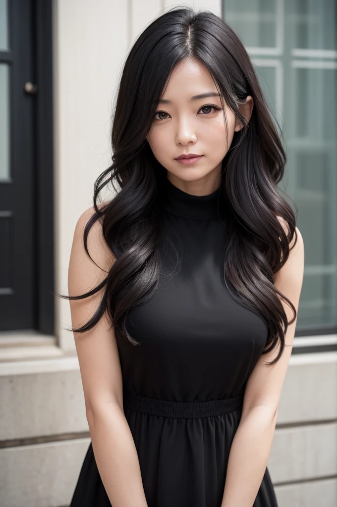 Woman, 35 years old, dark, slightly wavy hair in a black dress