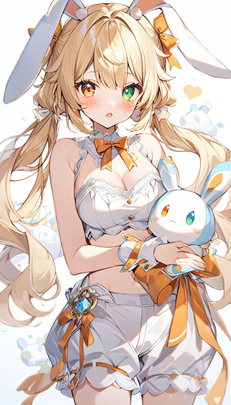 1girl, animal ears, bangs, bare shoulders, blonde hair, blush, bow, breasts, white cleavage, cropped torso, , green eyes, hair ribbon, heterochromia, holding, holding stuffed toy, looking at viewer, open mouth, orange bow, orange eyes, orange ribbon, rabbit ears, ribbon, solo, stuffed animal, stuffed bunny, stuffed toy, twintails, upper body, virtual youtuber, white background, wrist cuffs, yellow eyes, bloomers, close-up, fair skin frills, lace, midriff, skirt, solo, , white background,shorts, white top with ribbon and lace and trousers,trousers, genshin,white slippers with a bow,All clothes are white, lace