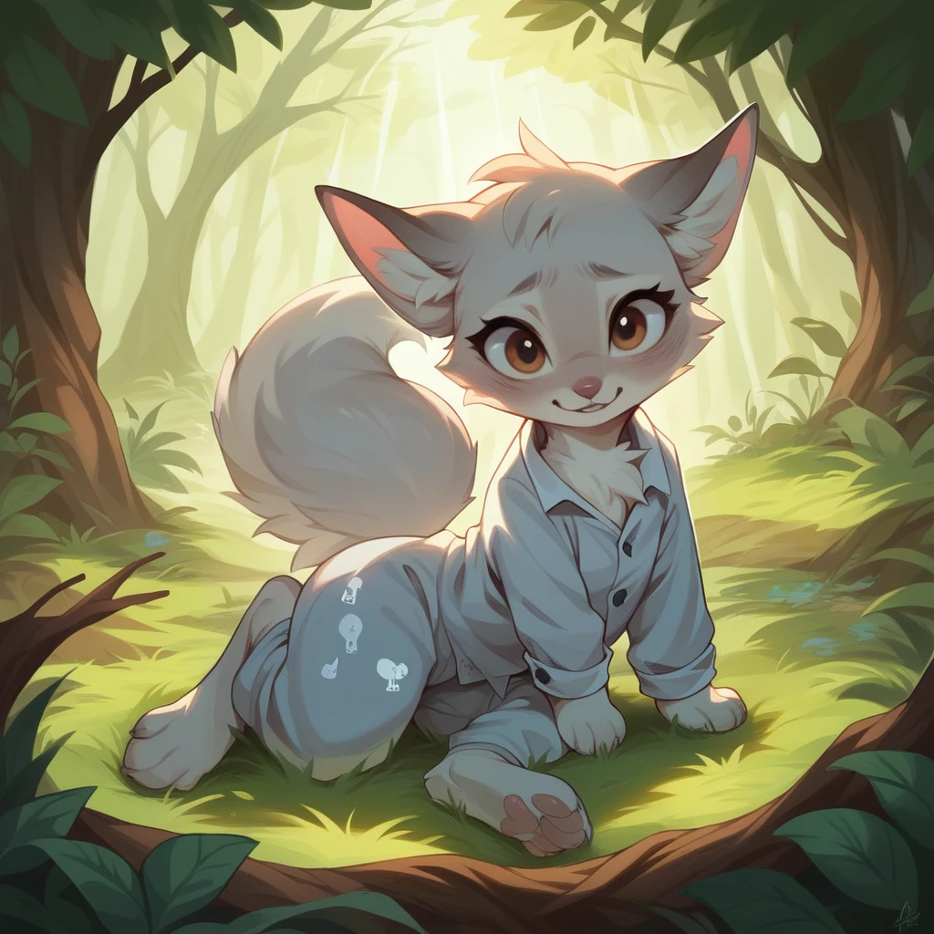 A professional high-quality photo, in 4K resolution, captures in realistic detail a charming girl in a fluffy white pajama with ears and foxtail. She is sitting in the middle of an enchanted forest, where every element is portrayed to perfection. The textures of the pajamas, ears and tail are sharp and palpable. Sunlight falls on the leaves and gently illuminates the girl's face, highlighting each delicate and charming expression