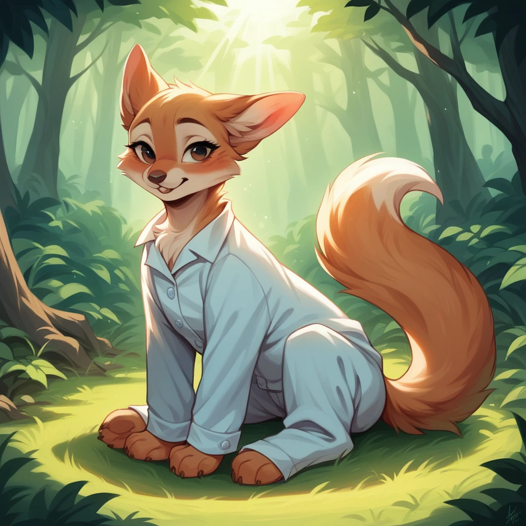 A professional high-quality photo, in 4K resolution, captures in realistic detail a charming girl in a fluffy white pajama with ears and foxtail. She is sitting in the middle of an enchanted forest, where every element is portrayed to perfection. The textures of the pajamas, ears and tail are sharp and palpable. Sunlight falls on the leaves and gently illuminates the girl's face, highlighting each delicate and charming expression  