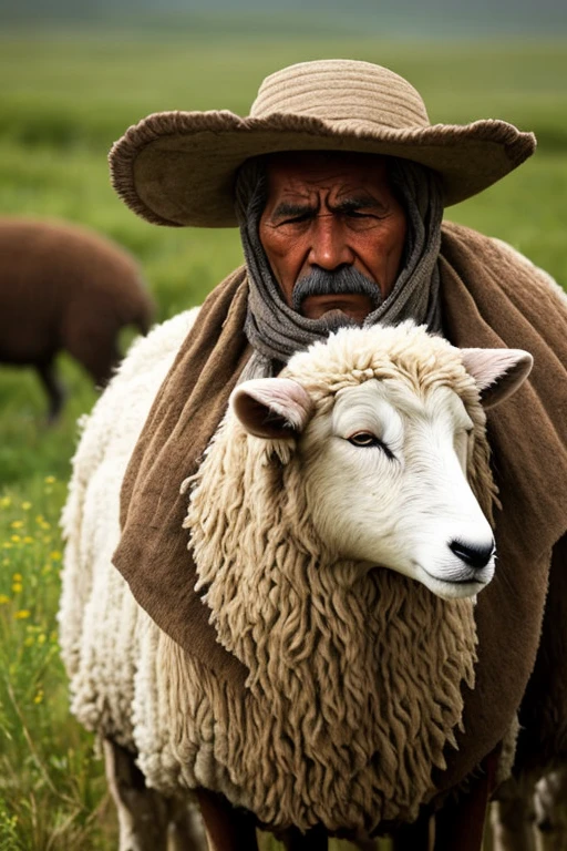 Create a photo of a tired sheepherder