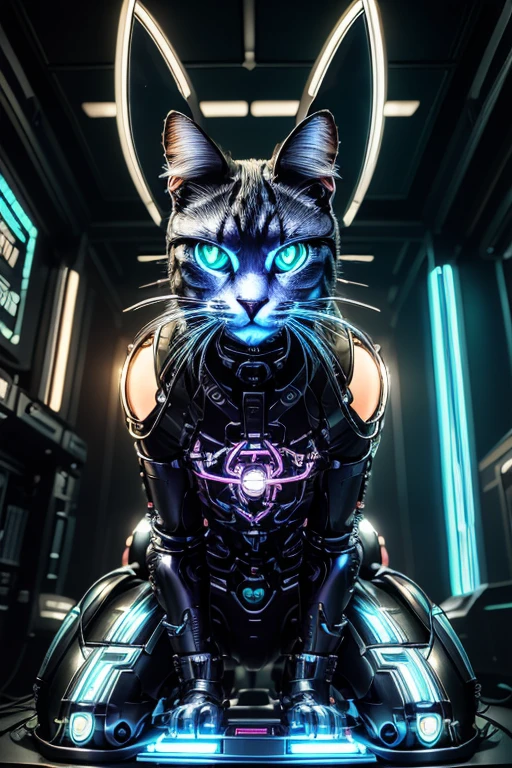 a cyberpunk girl, futuristic cyborg cat, mechanical cat, metal cat, robotic feline, intricate machinery, glowing eyes, neon lights, , dark moody atmosphere, dynamic composition, cinematic lighting, vibrant colors, digital art, 8k, high quality, masterpiece, photorealistic