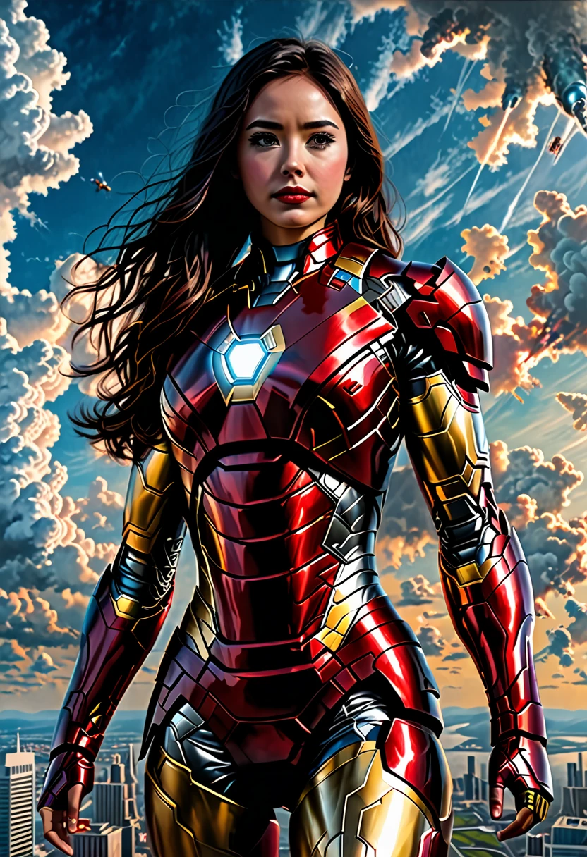 4k, realistic, carismatic, very detail, there is a girl on top sky, wearing iron man costum, she is a iron man, super hero theme, black long hair, 25 years old, full body