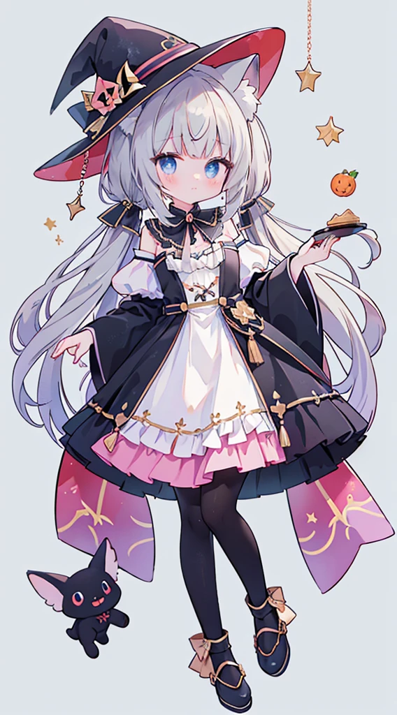 female、Mibapsa Costume，angel hall，Wizard, light blue eyes、Wear Mary Jane shoes，The shoes have a pair of small wings., bijouterie，Pose for a photo.，long hair、twintail hair，canine，shy，blush，Hot，Halloween，shooting star background、masterpiece、Best image quality、top quality、Witch Suit、witch hat、超long hair，fox ears，gray hair，(Black pantyhose)，blue eyes、exquisite eyes、Beautiful girl、Chubby cheeks、Cute dress、puffy sleeves、Ruffled skirt、pink ribbon、cute、change、black leg ring，off shoulder strap changeta,