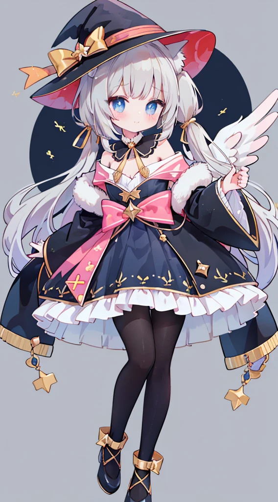 female、Mibapsa Costume,angel hall,Wizard, light blue eyes、Wear Mary Jane shoes,The shoes have a pair of small wings., bijouterie,Pose for a photo.,long hair、twintail hair,canine,shy,blush,Hot,Halloween,shooting star background、masterpiece、Best image quality、top quality、Witch Suit、witch hat、超long hair,fox ears,gray hair,(Black pantyhose),blue eyes、exquisite eyes、Beautiful girl、Chubby cheeks、Cute dress、puffy sleeves、Ruffled skirt、pink ribbon、cute、change、black leg ring,off shoulder strap changeta,