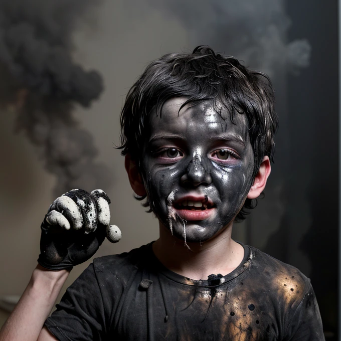 A boy covered in soot after being caught in an explosion while doing something naughty