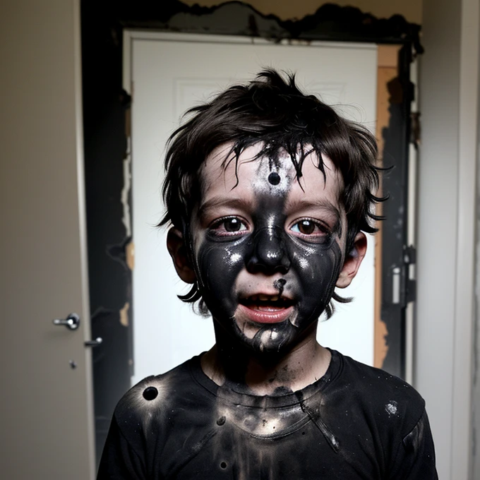 A boy covered in soot after being caught in an explosion while doing something naughty