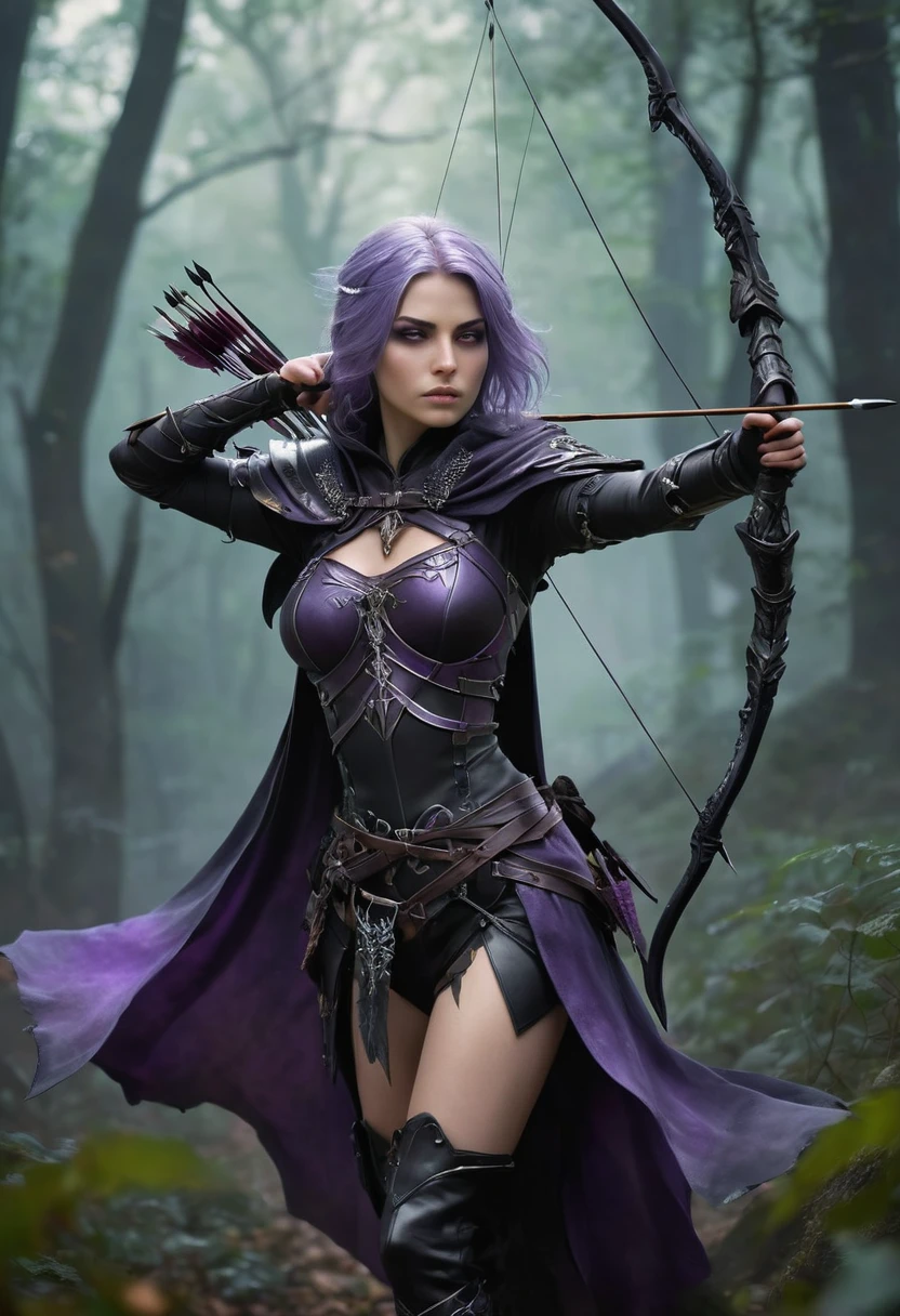 Necromancer Archer Figure: A female archer, slim and athletic, with a dark yet elegant aura.hair: Her short hair is a mix of blonde and purple, perhaps with flowing transitions or ombre effect, slightly wavy and fall over her shoulders.eyes: Your eyes glow in an unnatural green or an icy blue, a reference to her necromantic abilities.attire: She wears a combination of medieval armor and magical robes. Dark, Leather armor decorated with runes covers her upper body and arms. Under the armor she wears a black, slightly torn cloak, fluttering in the wind.arch: Her arch consists of a dark, enchanted wood, decorated with silver or luminous symbols. The arch radiates an eerie energy.Arrows: The arrows in her quiver also have a magical effect, with black feathers and tips, which are surrounded by a dark aura.backdrop: The backdrop could be a dark forest or a dilapidated, show foggy landscape, which enhances the mystical and threatening atmosphere.short Purple hair