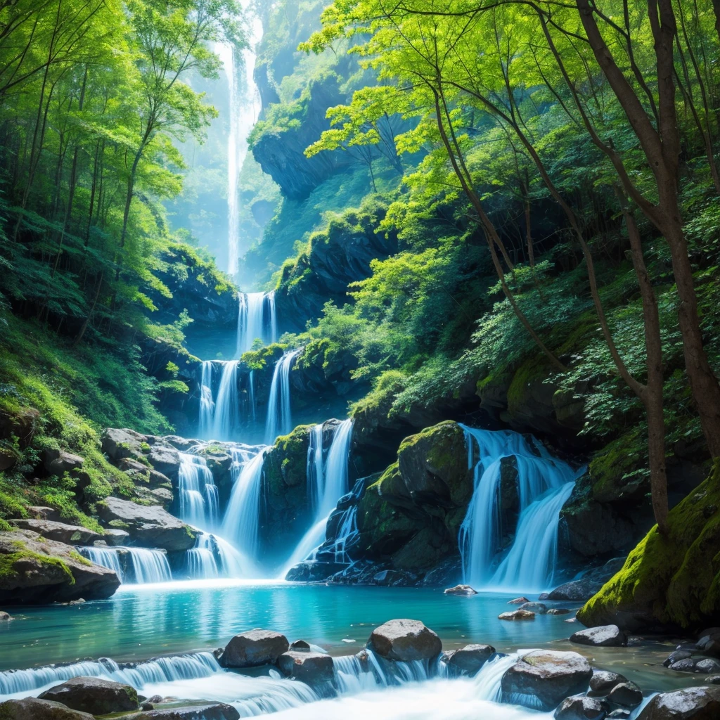 Forest scenery with light blue waterfall and spring