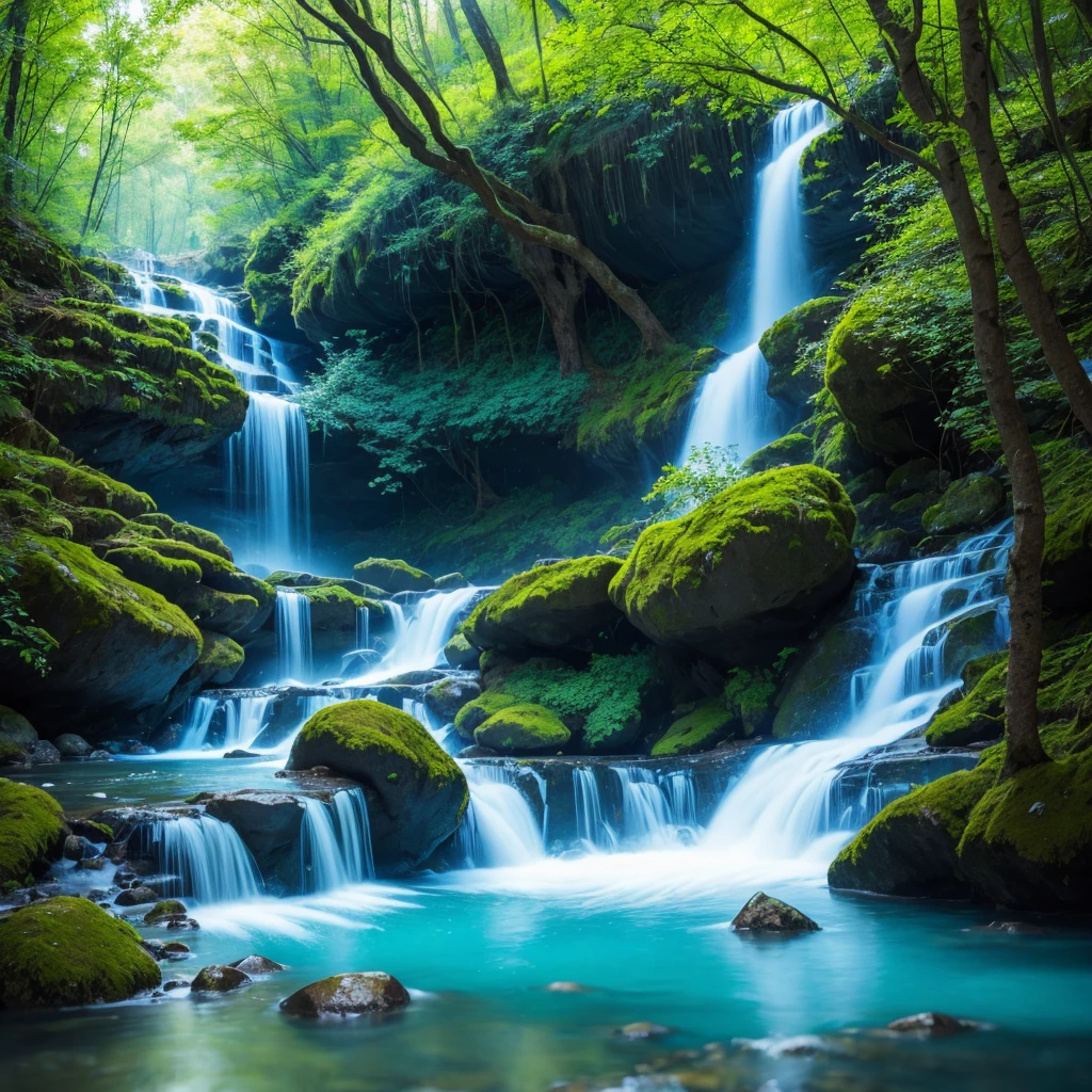 Forest scenery with light blue waterfall and spring