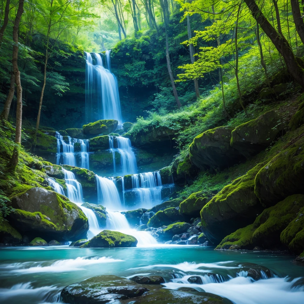 Forest scenery with light blue waterfall and spring