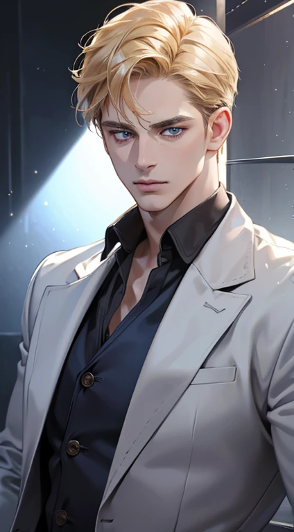 (best quality, masterpiece, 8K, photorealistic, cinematic lighting, 1:4 hdr image, ultra detailed, beautiful image), a mature man, 34 years very handsome, ((cold expression)), short golden hair, blue eyes, face perfect without mistakes, ((buttoning his jacket, CEO))