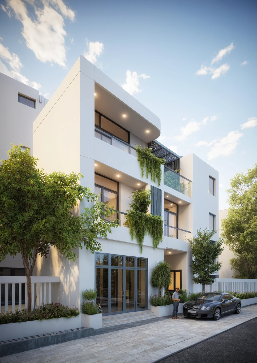 modern villa, modern style, exterior design, perspective view, white wall, (block sidewalks and asphalt roads), (next door neighbor's house), (sun light sky background), Low trees around the house, overall peaceful atmosphere cinematic photo, (Neutral lighting is suitable for the modern villa, light color thermometer sun light 5500 KEVIN), (architectural design visualization), (reflection), (focus on object), (material normal bump real reflection), (scattered light), (light ray), (multi-beam light), (sunbeam) (multi-level reflection), (chao vantge software visualization render),(((Best Quality))), ((Masterpiece)), ((best illustration)), ((best shadows)), ((Super Detail)), (Intricate lines), (Photorealism),(hyper detail), ((archdaily)), ((award winning design)), (dynamic light), ((day)), (perfect light), (shimering light), ((photorealistic)), ((intricate detail)), ((extreme detail)), ((science)), ((hyper-detail)), ((super detail)), ((super reality)), ((crazy detail)), ((octane render)), ((Cinematic)), ((trending on artstation)), ((High-fidelity)), ((Viwvid)), ((Crisp)), ((Bright)), ((Stunning)), ((Eye-catching)), ((High-quality)),((Sharp))((Bright)), ((Stunning)), Natural, ((Eye-catching)), ((Illuminating)), ((Flawless)), ((High-quality)),((Sharp edge render)), ((medium soft lighting)), ((photographic render)), ((detailed archviz)), Sunlight shines into the house, reality environment, spring setting, tropical style space, Aluminum gates, balcony doors, modern townhouse design windows