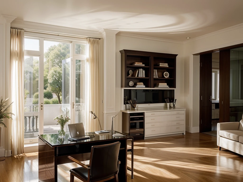 An impeccably organized office space, meticulously arranged to exude efficiency and professionalism. The sleek modern desk is clutter-free, adorned with a designer laptop and chic stationery. The walls are lined with elegant artwork and shelves of leather-bound books, creating a sophisticated atmosphere. The large windows let in a soft, natural light that illuminates the room, giving the image a serene and luxurious quality. This striking photograph captures the epitome of a pristine workspace, inviting viewers to admire its flawless aesthetic.
