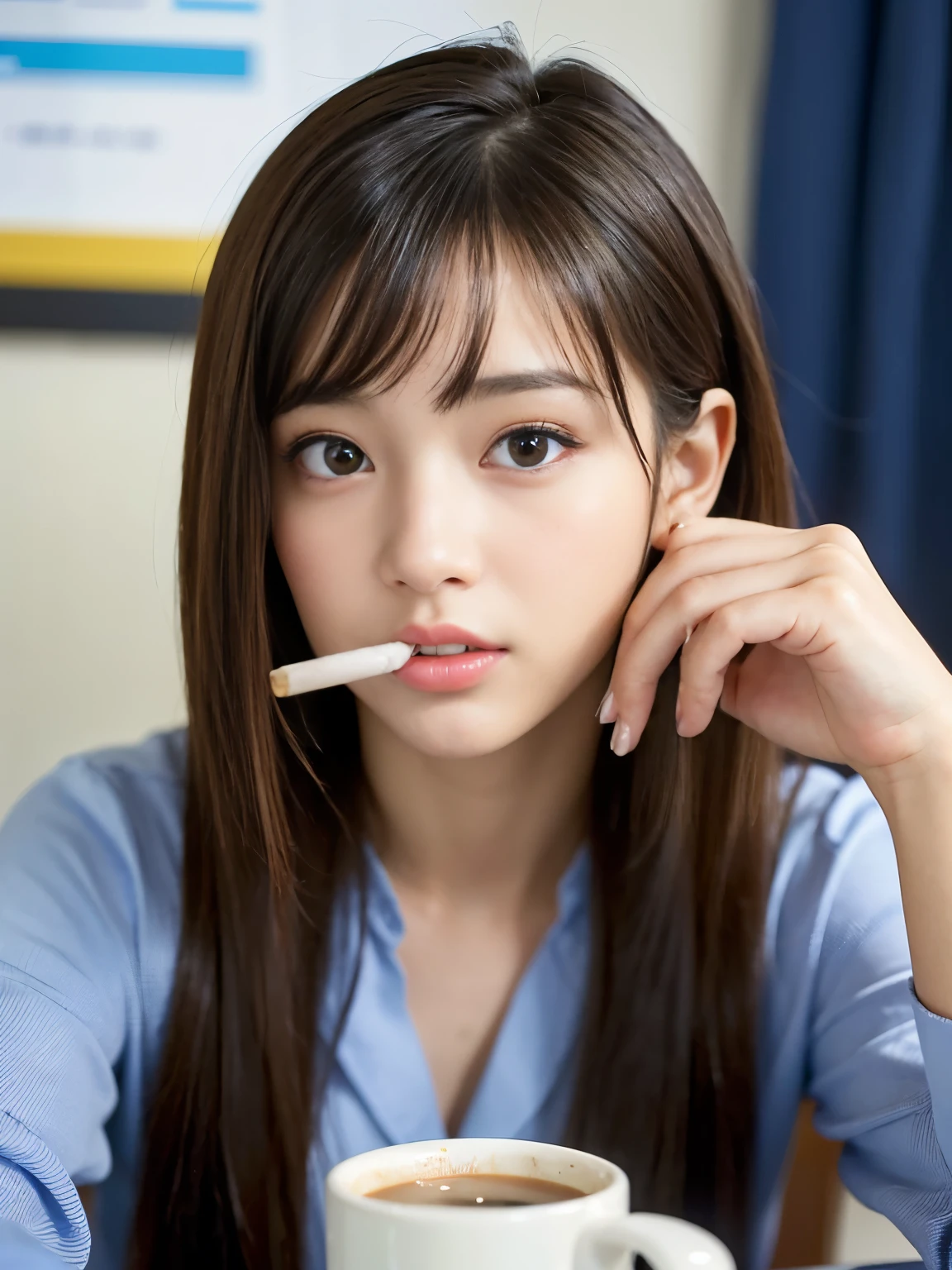(Best-quality, Masterpiece, Ultra-High-Resolution, (Photorealistic:1.7), Raw Photo, depth of field, professional lighting, perfect anatomy, extremely details), 1girl, -yeld, thost famous Japanese idol, ((in office-room, drinking coffee, smoking)), (wearing casual-clothes with cute-design), (extremely cute face like the most popular Japanese idol, ((extremely cute and extremely big round-eyes)), extremely beautiful and extremely realistic hair), (((extremely beautiful and extremely realistic skins))), extremely beautiful and extremely realistic long-eyelashes, extremely beautiful and extremely realistic lips, detailed office-room