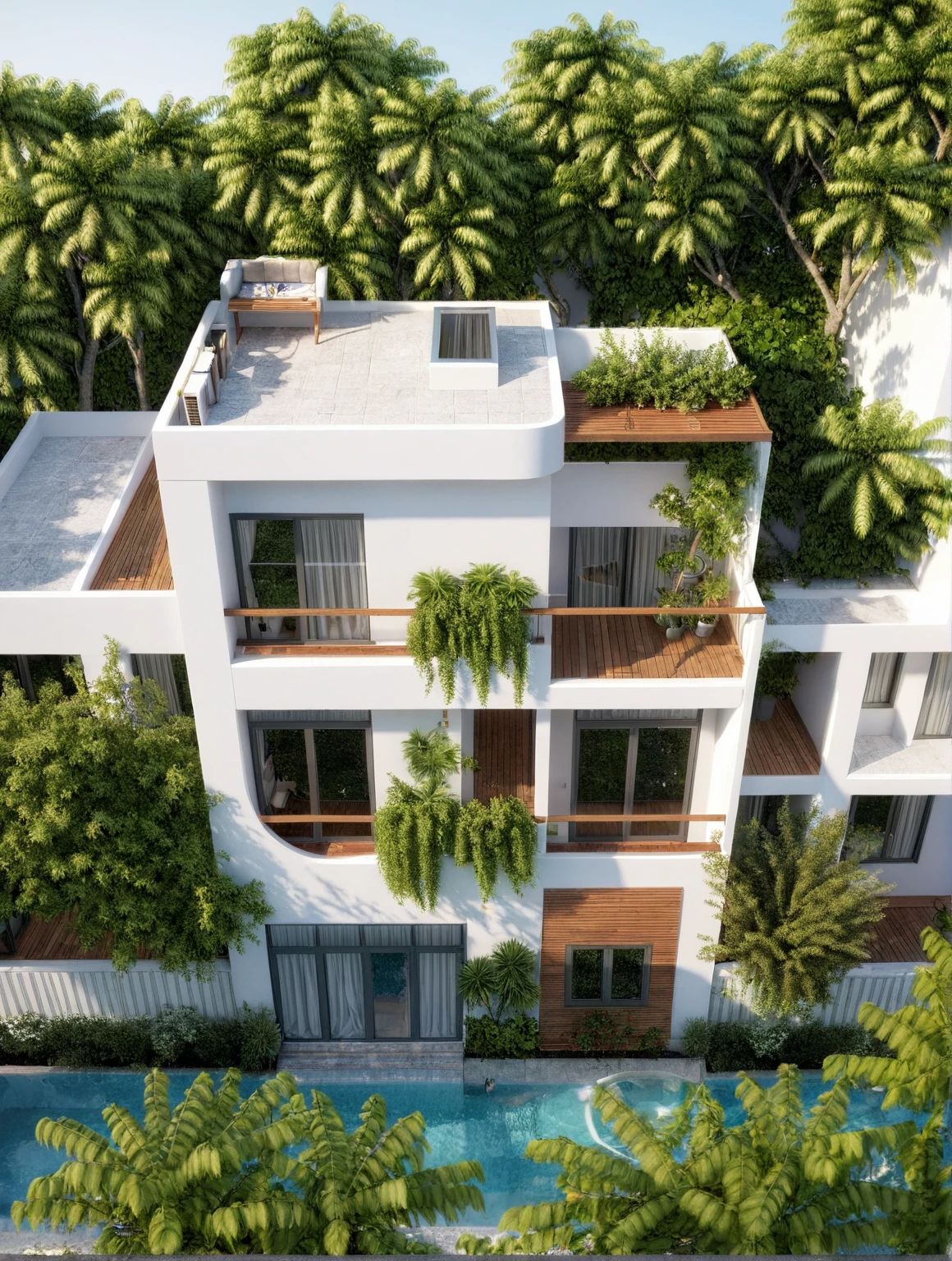modern villa, modern style, exterior design, perspective view, white wall, (block sidewalks and asphalt roads), (next door neighbor's house), (sun light sky background), Low trees around the house, overall peaceful atmosphere cinematic photo, (Neutral lighting is suitable for the modern villa, light color thermometer sun light 5500 KEVIN), (architectural design visualization), (reflection), (focus on object), (material normal bump real reflection), (scattered light), (light ray), (multi-beam light), (sunbeam) (multi-level reflection), (chao vantge software visualization render),(((Best Quality))), ((Masterpiece)), ((best illustration)), ((best shadows)), ((Super Detail)), (Intricate lines), (Photorealism),(hyper detail), ((archdaily)), ((award winning design)), (dynamic light), ((day)), (perfect light), (shimering light), ((photorealistic)), ((intricate detail)), ((extreme detail)), ((science)), ((hyper-detail)), ((super detail)), ((super reality)), ((crazy detail)), ((octane render)), ((Cinematic)), ((trending on artstation)), ((High-fidelity)), ((Viwvid)), ((Crisp)), ((Bright)), ((Stunning)), ((Eye-catching)), ((High-quality)),((Sharp))((Bright)), ((Stunning)), Natural, ((Eye-catching)), ((Illuminating)), ((Flawless)), ((High-quality)),((Sharp edge render)), ((medium soft lighting)), ((photographic render)), ((detailed archviz)), Sunlight shines into the house, reality environment, spring setting, tropical style space, Aluminum gates, balcony doors, modern townhouse design windows