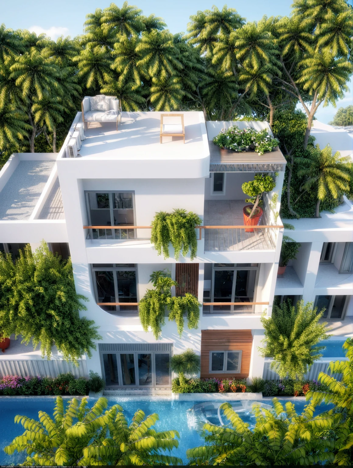 modern villa, modern style, exterior design, perspective view, white wall, (block sidewalks and asphalt roads), (next door neighbor's house), (sun light sky background), Low trees around the house, overall peaceful atmosphere cinematic photo, (Neutral lighting is suitable for the modern villa, light color thermometer sun light 5500 KEVIN), (architectural design visualization), (reflection), (focus on object), (material normal bump real reflection), (tered light), (light ray), (multi-beam light), (sunbeam) (multi-level reflection), (chao vantge software visualization render),(((Best Quality))), ((Masterpiece)), ((best illustration)), ((best shadows)), ((Super Detail)), (Intricate lines), (Photorealism),(hyper detail), ((archdaily)), ((award winning design)), (dynamic light), ((day)), (perfect light), (shimering light), ((photorealistic)), ((intricate detail)), ((extreme detail)), ((science)), ((hyper-detail)), ((super detail)), ((super reality)), ((crazy detail)), ((octane render)), ((Cinematic)), ((trending on artstation)), ((High-fidelity)), ((Viwvid)), ((Crisp)), ((Bright)), ((Stunning)), ((Eye-catching)), ((High-quality)),((Sharp))((Bright)), ((Stunning)), Natural, ((Eye-catching)), ((Illuminating)), ((Flawless)), ((High-quality)),((Sharp edge render)), ((medium soft lighting)), ((photographic render)), ((detailed archviz)), Sunlight shines into the house, reality environment, spring setting, tropical style space, Aluminum gates, balcony doors, modern townhouse design windows