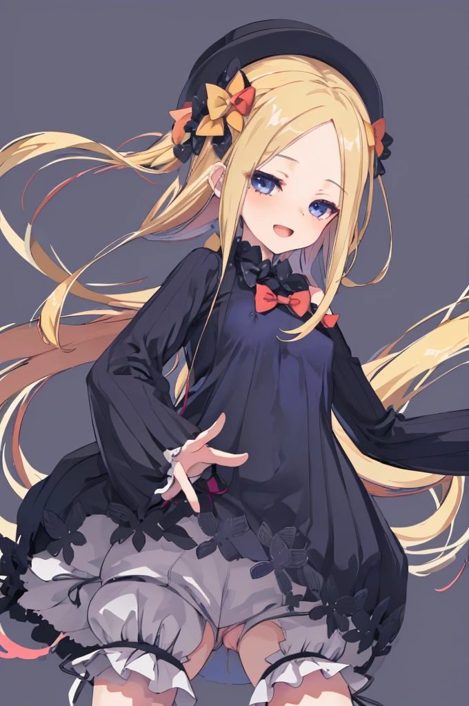 nsfw,((One man and one woman,Having sex)),寝そべっている,Showing off her nipples,masterpiece, best quality, highres, hmaw1, long hair, hat, black dress, long sleeve, black sleeves, white bloomers, cowboy shot,Open Mouth Smile, Simple Background