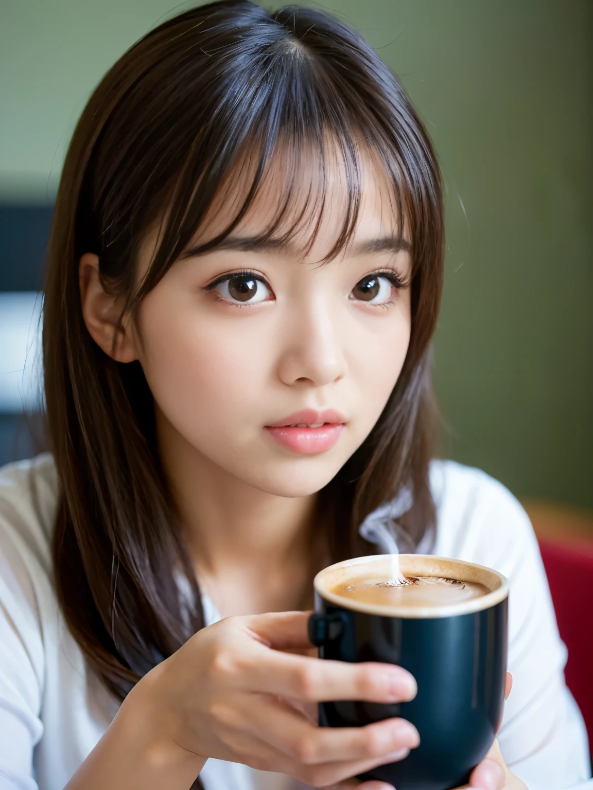 (Best-quality, Masterpiece, Ultra-High-Resolution, (Photorealistic:1.7), Raw Photo, depth of field, professional lighting, perfect anatomy, extremely details), 1girl, -yeld, thost famous Japanese idol, ((in office-room, drinking coffee, smoking)), (wearing casual-clothes with cute-design), (extremely cute face like the most popular Japanese idol, ((extremely cute and extremely big round-eyes)), extremely beautiful and extremely realistic hair), (((extremely beautiful and extremely realistic skins))), extremely beautiful and extremely realistic long-eyelashes, extremely beautiful and extremely realistic lips, detailed office-room