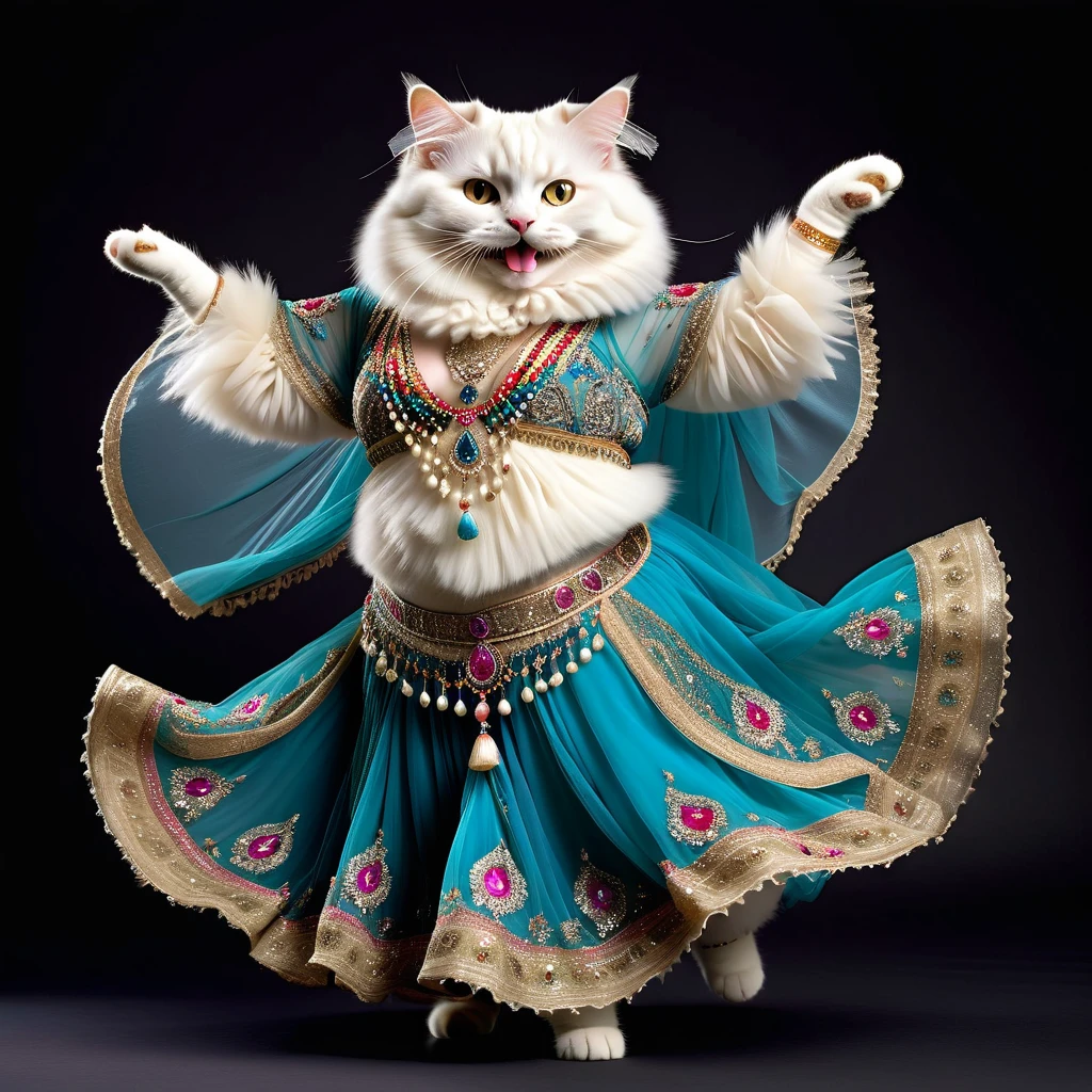 photorealistic portrait of Dressed animals - a ((fat)) ((angora cat)) dancer,(furry), (dynamic dancing:2.0), (swinging arms :2.0),(happy smile:1.2),high quality,(happy),(lovely) ,intricate details, (sheer veil), highly detailed (( gypsy belly dancing clothes)) ,highly detailed decorations of clothes, Wearing gypsy belly dancing clothes, , (happy), studio lighting,(full body image:1.5),simple background,(viewed from side:2.0),