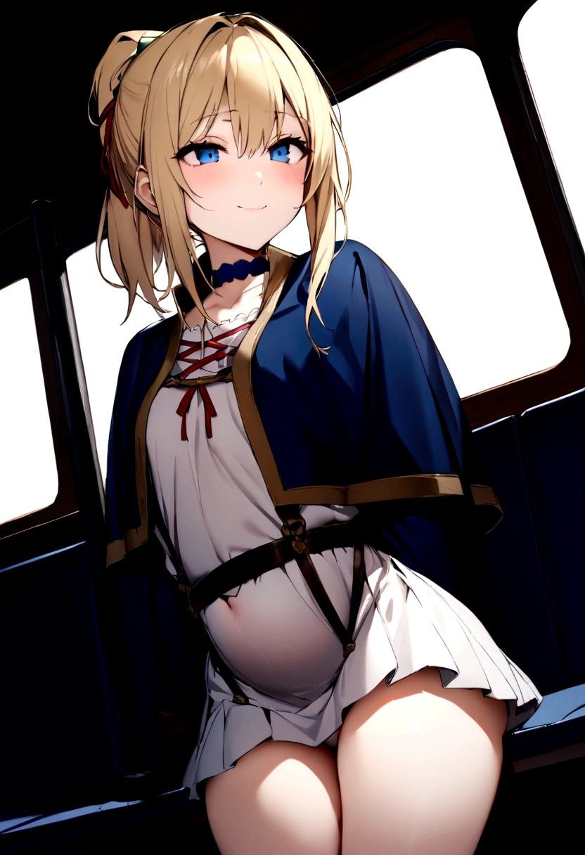 Highest quality, (masterpiece:1.2), detailed, Medieval, Ugly Tingel, One girl, alone, Mouth closed, A light smile, Medium Hair, Blonde Hair, Short Ponytail, blue eyes, Green ribbon, x Hair accessories, , suspenders, blue capelet, White shirt, Blue choker, Red ribbon, mini skirt, White Skirt, belly button, gloves, Are standing, From an angle, Looking at the audience, In the bus,Sitting and spreading legs,Are thin,Panty shot