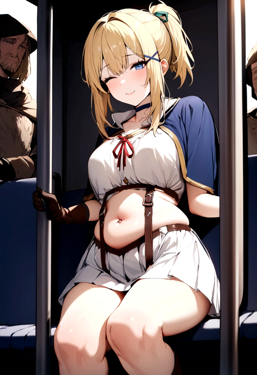 1 girls, (detailed light blue eyes, lange wimpern, detailed beautiful face:1.2), 4k quality, (Long blonde hair:1.5), (arms behind back:1.4), (big breasts:1.5), (blushing:1.3), (very long hair, Hair in the face, zwei Strähnen vorne in Haaren:1.4), (black skirt with White Bikini under, White bikini:1.7), (bondage, shibari over clothes:1.3), pralle Brüste, OTN, White Gag, gagged, (sitting:1.7), (sitting in a big classroom with many masculine students in the background with big windows and a Sunny beach view:1.6)