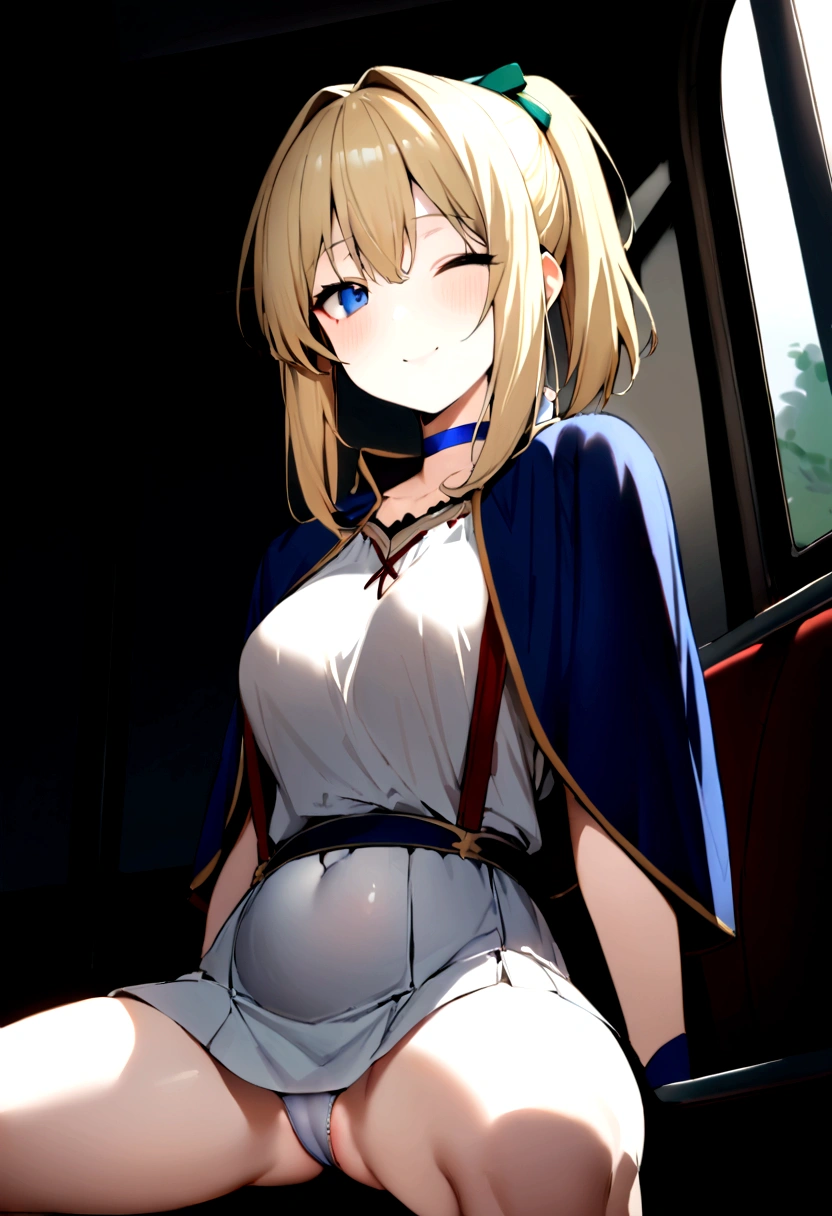Highest quality, (masterpiece:1.2), detailed, Medieval, Ugly Tingel, One girl, alone, Mouth closed, A light smile, Medium Hair, Blonde Hair, Short Ponytail, blue eyes, Green ribbon, x Hair accessories, , suspenders, blue capelet, White shirt, Blue choker, Red ribbon, mini skirt, White Skirt, belly button, gloves, Are standing, From an angle, Looking at the audience, In the bus,Sitting and spreading legs,Are thin,Panty shot