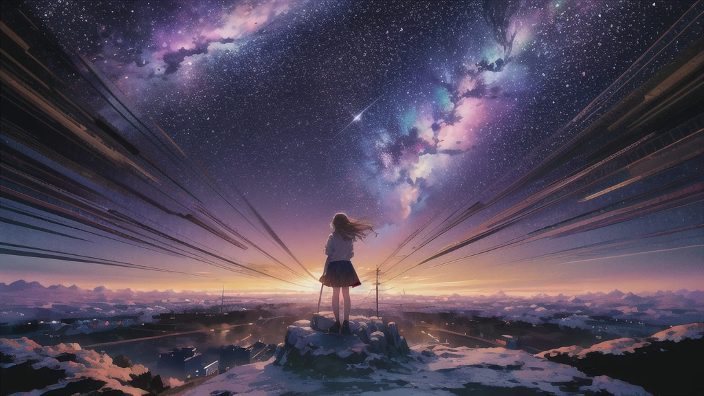 octans, sky, Star (sky), scenario, Starry sky, natta, 1 girl, natta sky, standing alone, plein-air, building, nube, Milky Way, sitting down, Tree, long hair, citys, silhuette, citysscape