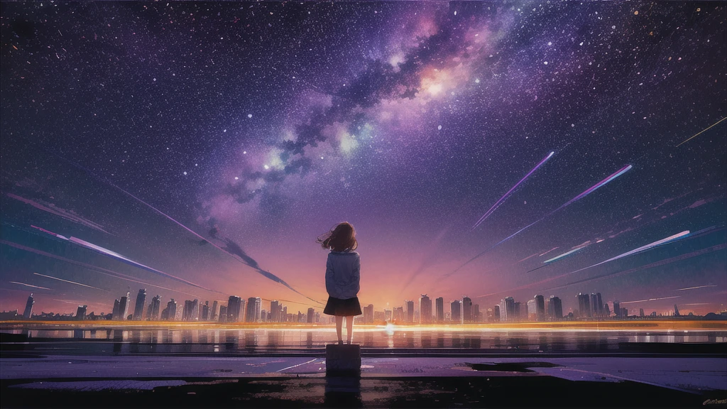 octans, sky, Star (sky), scenario, Starry sky, natta, 1 girl, natta sky, standing alone, plein-air, building, nube, Milky Way, sitting down, Tree, long hair, citys, silhuette, citysscape 