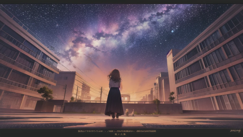 octans, sky, Star (sky), scenario, Starry sky, natta, 1 girl, natta sky, standing alone, plein-air, building, nube, Milky Way, sitting down, Tree, long hair, citys, silhuette, citysscape 