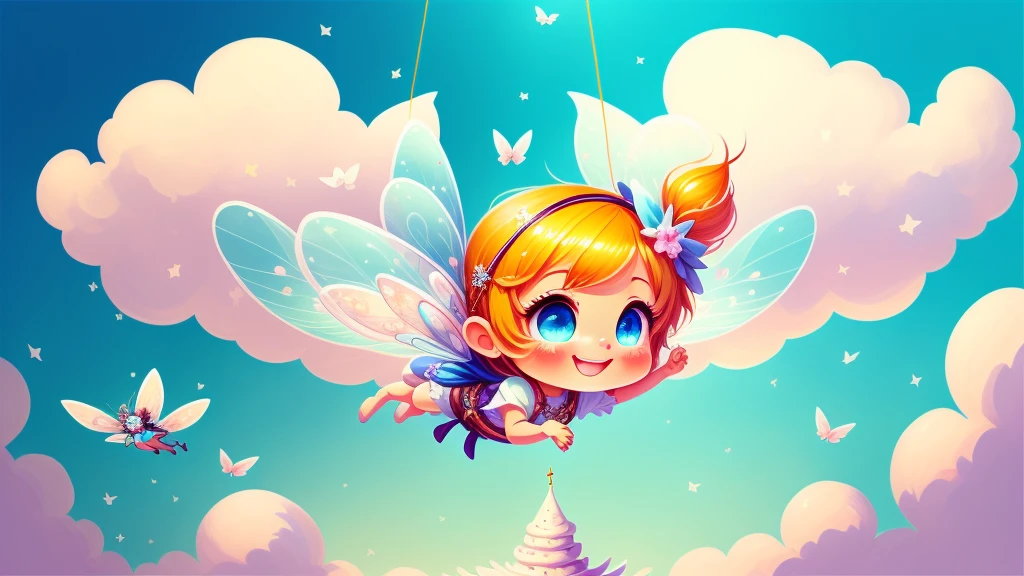  Cute s, light colors hair, blue eyes, gossamer,illustration, A masterpiece in bright light, stunning art! The art of magic, fairy tale artwork, inspiring art, exquisite artwork high quality、masterpiece、Sparkling fairies、smile、fairy flying in the sky、Fairies fly in the sky、flight、The fairy fountain also floats 10 meters in the air.。, sky diving
