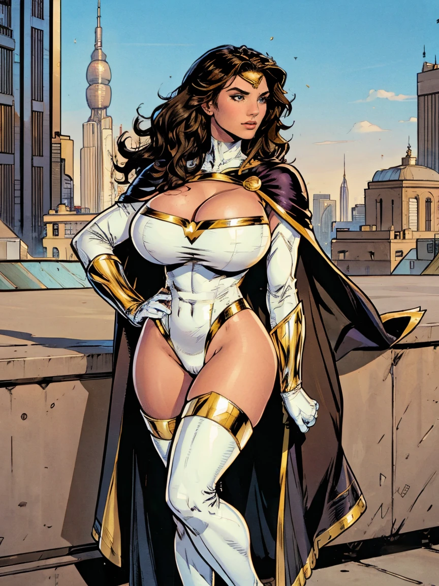 Gorgeous and sultry busty athletic (thin) brunette with sharp facial features and a (large nose) and (huge boobs) wearing a white and gold superhero leotard, cape, gloves, thigh-high boots. City skyline, rooftops.