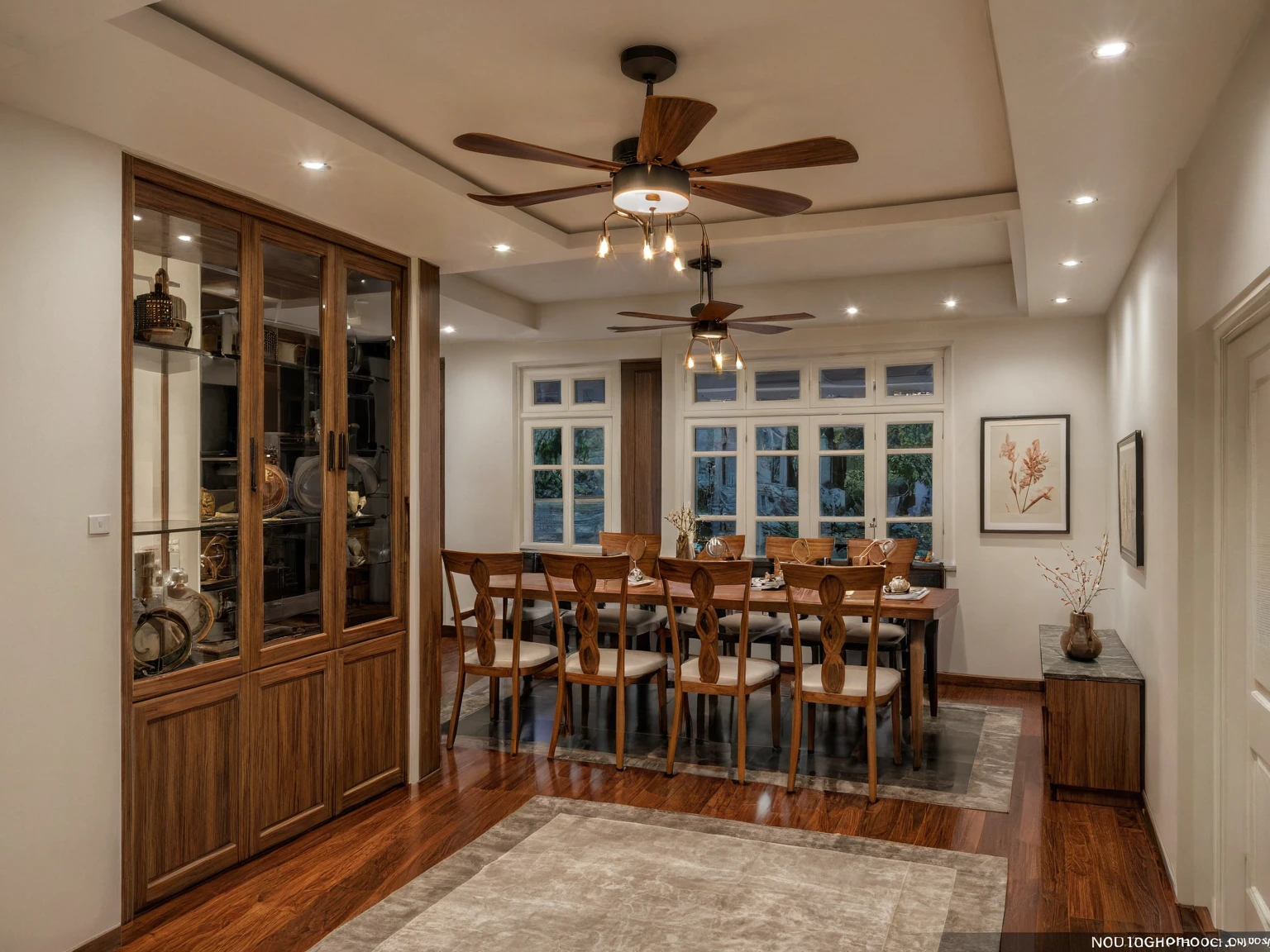 Raw photo,Masterpiece, high quality, best quality, authentic, super detail, interior, indoors, dinning room, kitchen room, style Indochine modern, minimalist line, aiaigroup , wooden, walnut veneer wood, led light, white paint wall, sofa, BED RooM