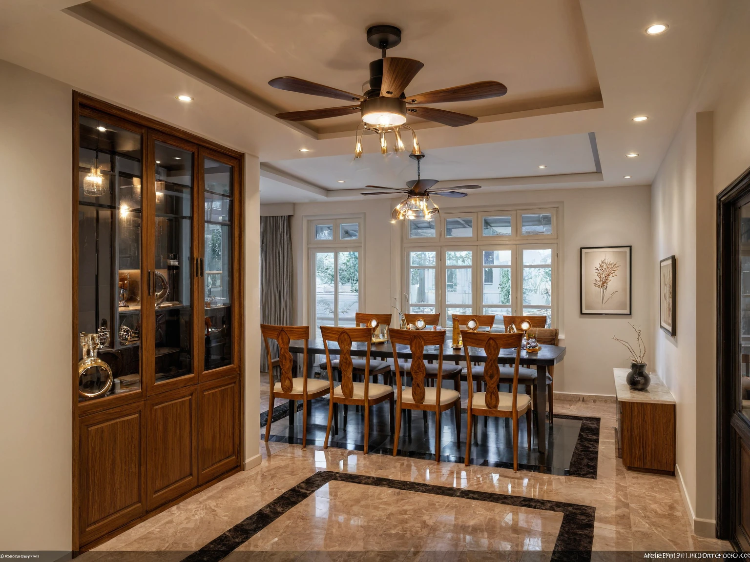 Raw photo,Masterpiece, high quality, best quality, authentic, super detail, interior, indoors, dinning room, kitchen room, style Indochine modern, minimalist line, aiaigroup , wooden, walnut veneer wood, led light, white paint wall, sofa, BED RooM